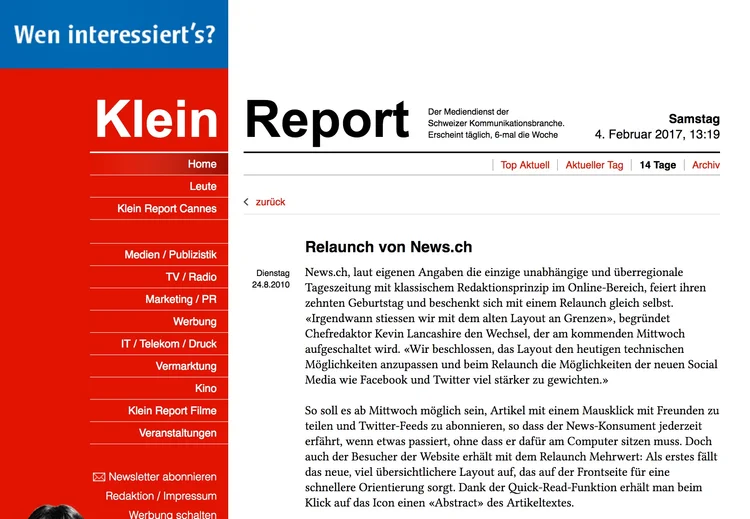 Kleinreport Kevin Lancashire Chefredakteur News.ch