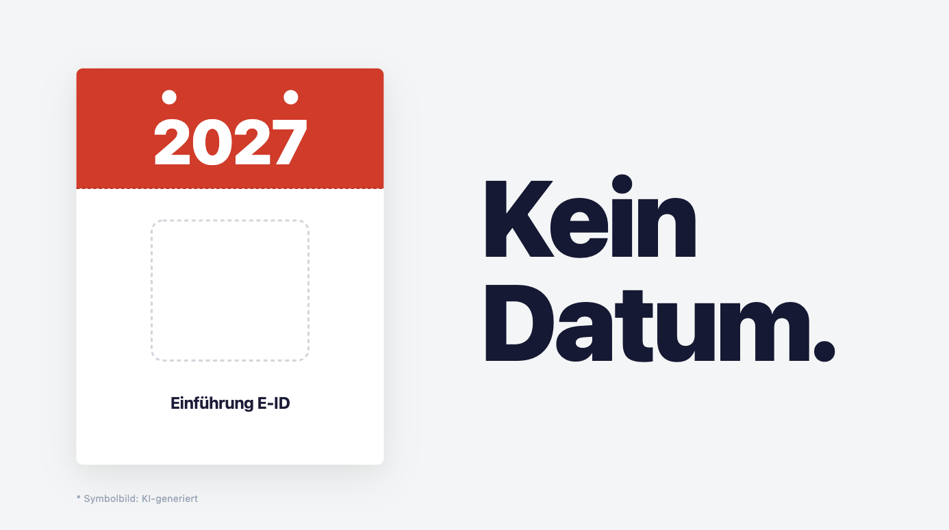 Grafik mit rotem und weißem Layout, zeigt 2027 auf einem Kalenderblatt, daneben in dunkler Schrift 'Kein Datum' und darunter 'Einführung E-ID'.