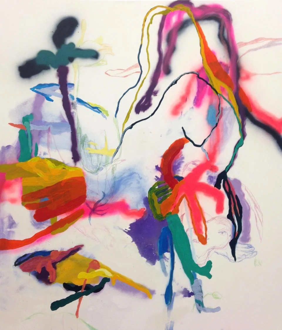 Dino's Birthday Splash, tempera, spray ja värikynä kankaalle, 150x130 cm, 2016