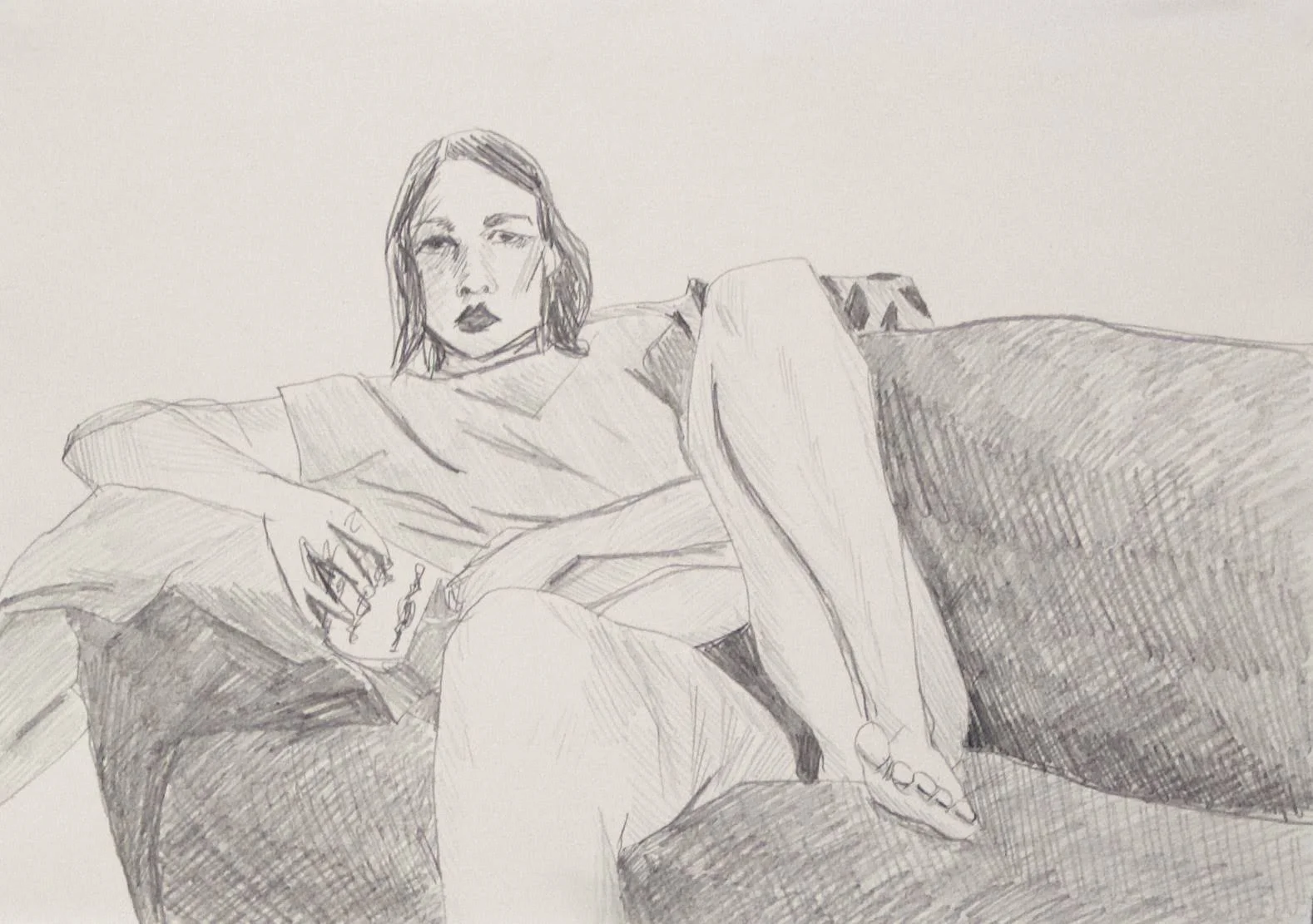 Saimi Suikkanen: Omakuva sohvalla, lyijykynä paperille, 29 x 21 cm, 2017