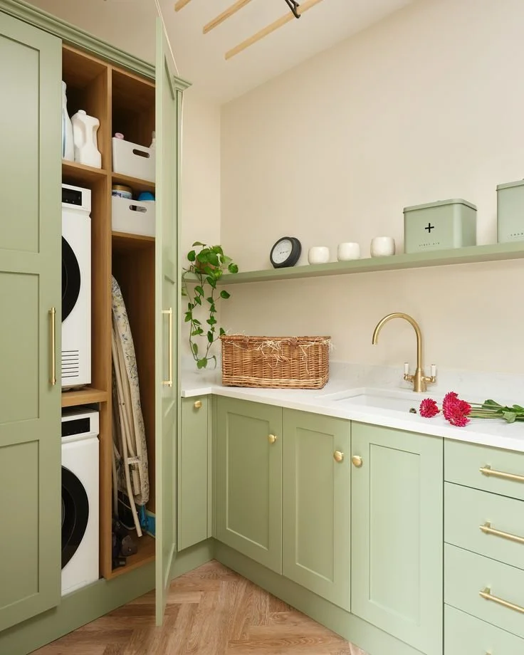Sage green utility room with full-height storage cupboards, integrated washing machine and open shelving utility room storage ideas