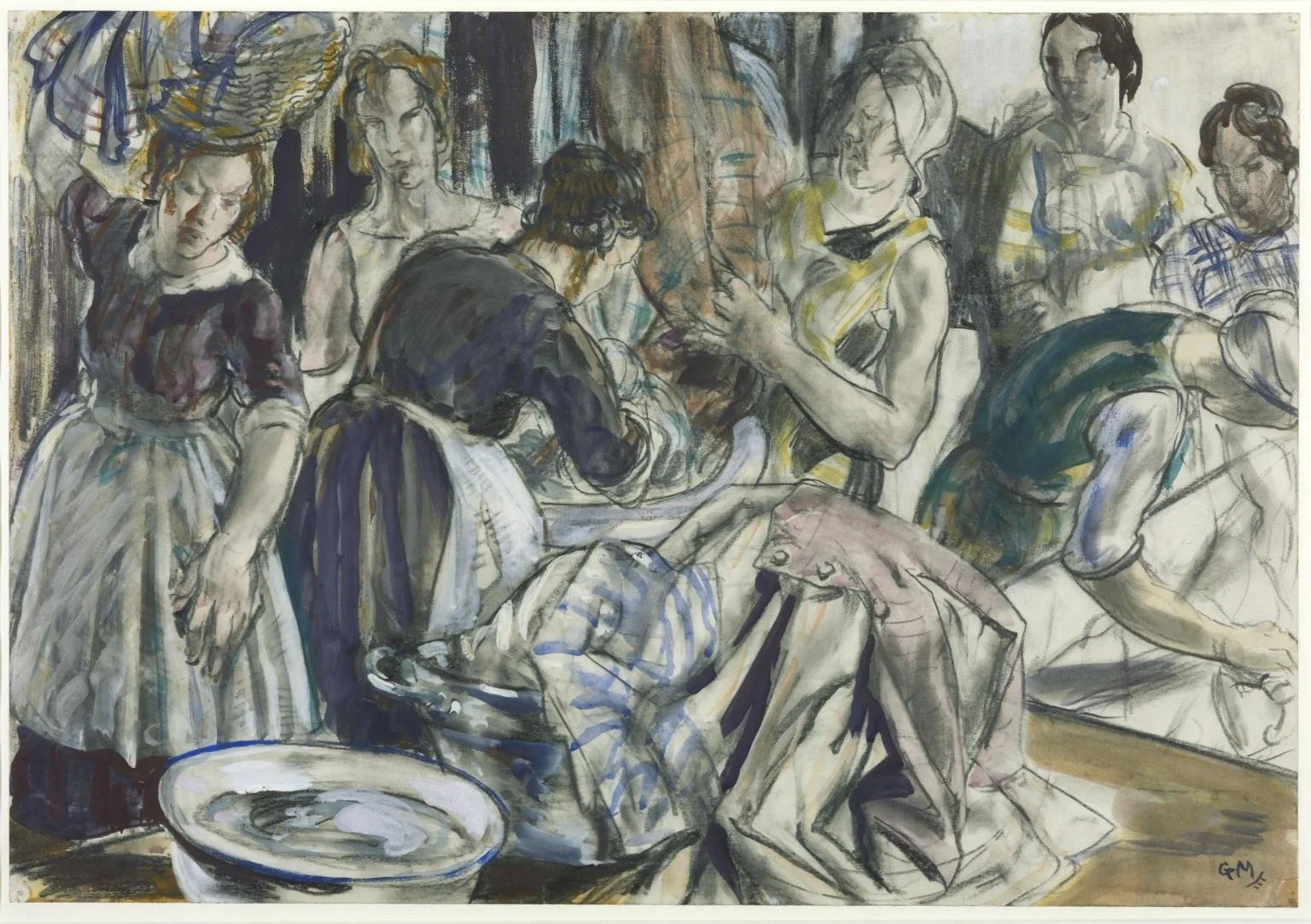 Figurative painting depicting women doing laundry exploring the history of domestic washing spaces