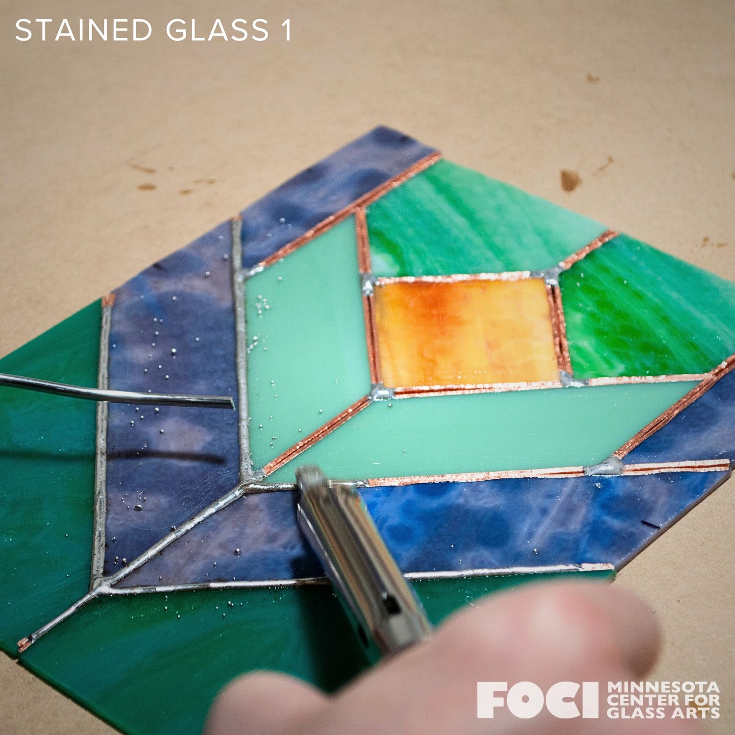 Stained glass, copper foil, solder, copper and black patina and polish! 10  1/2” wide, 11 1/2” high.