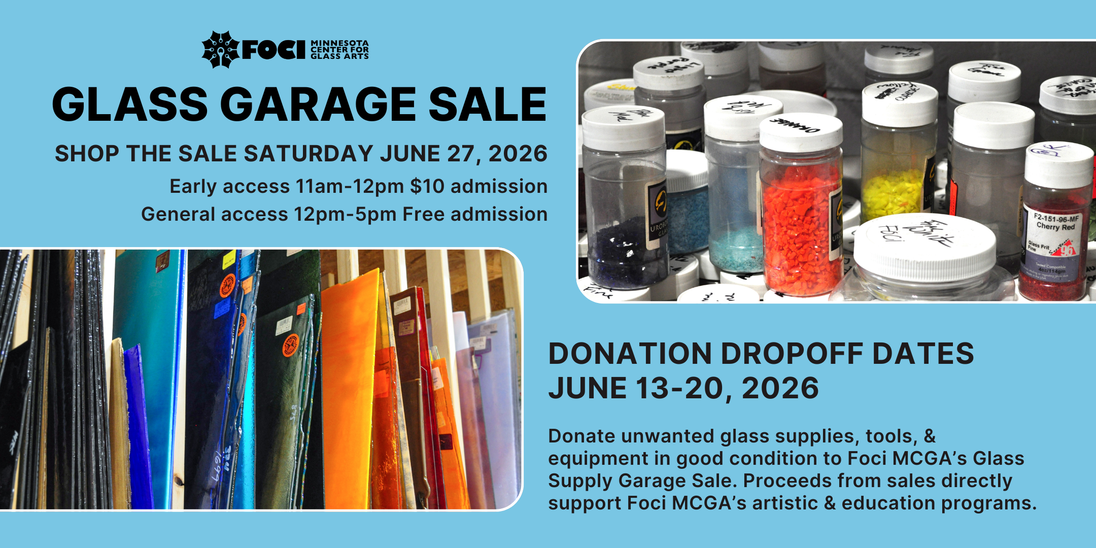 Banner advertising the Glass Garage Sale at Foci Minnesota Center for Glass Arts on Saturday June 17, 2026