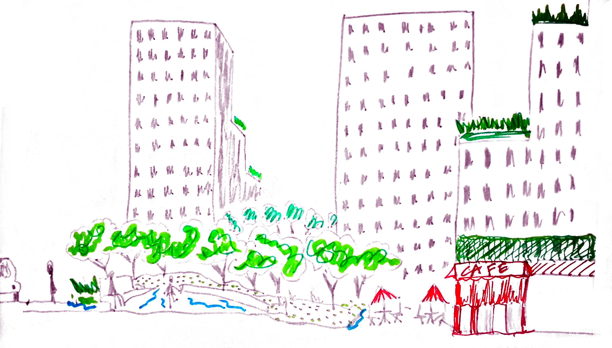 A rendering of a development incorporating green infrastructure in Mississauga