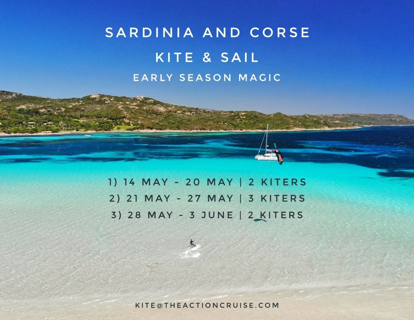 Kite &amp; Sail Camp Early Season Last Seats in North Sardinia - South Corse 🔝⛵️🇮🇹
.
1) 14 MAY - 20 MAY | 2 kiters
2) 21 MAY &ndash; 27 MAY | 3 kiters
3) 28 MAY &ndash; 03 JUN | 2 kiters
.
Boarding in Cannigione
Flights / Ferry to Olbia
7 kiters o