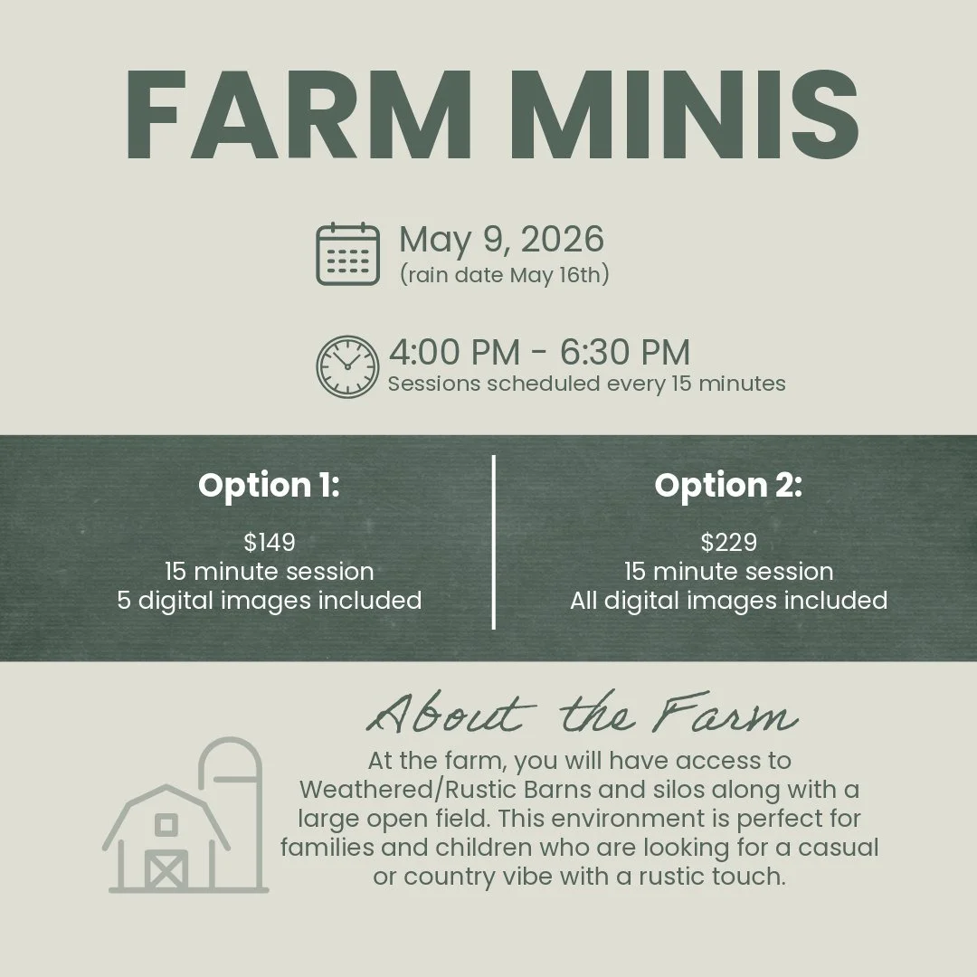 Dust of the boots and blue jeans, May minis are on the farm this year! 🚜

Book here: https://portal.reflectionsphotosite.com/public/appointment-scheduler/6920def958b7bd150c87853b/schedule