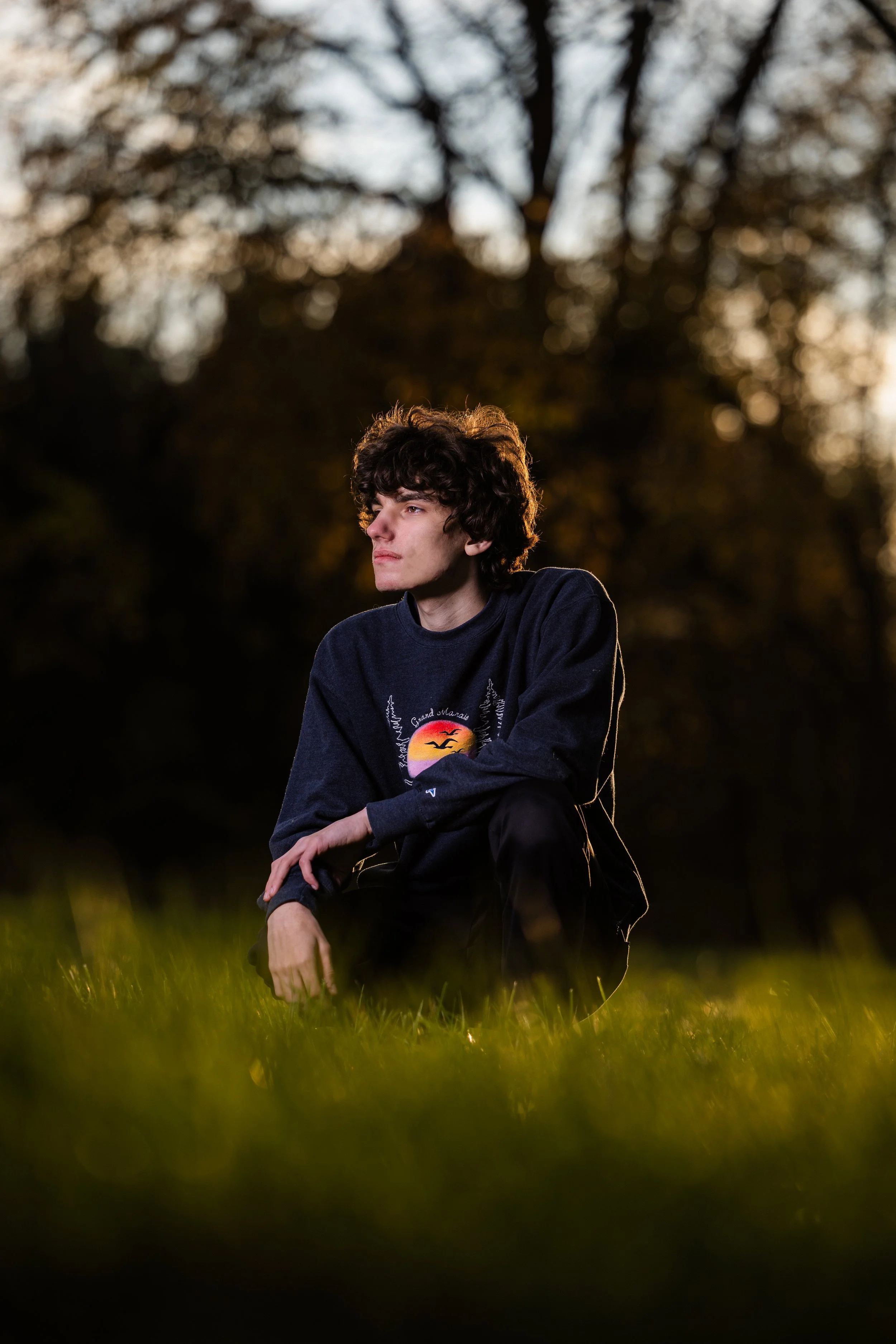 A young man with curly hair squatting on grass in a park during sunset, wearing a dark sweatshirt with a sunset and bird graphic.