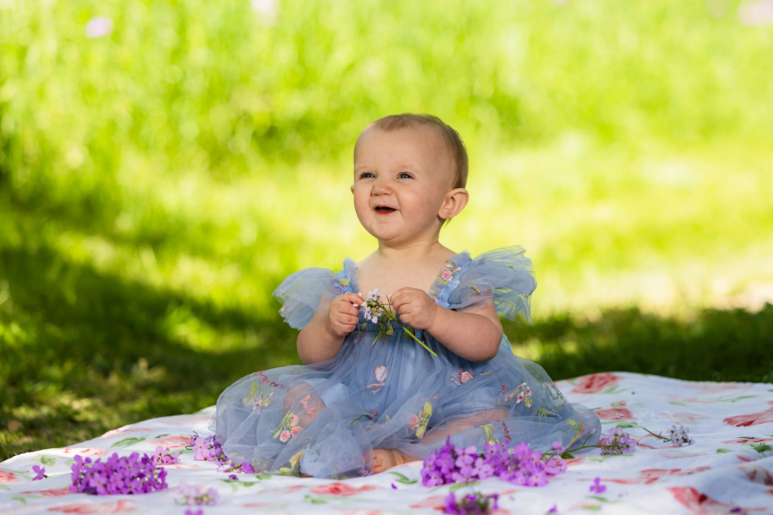 A young girl in a blue dress with floral embroidery sitting on a blanket with purple flowers, outdoors on a sunny day with green trees in the background.