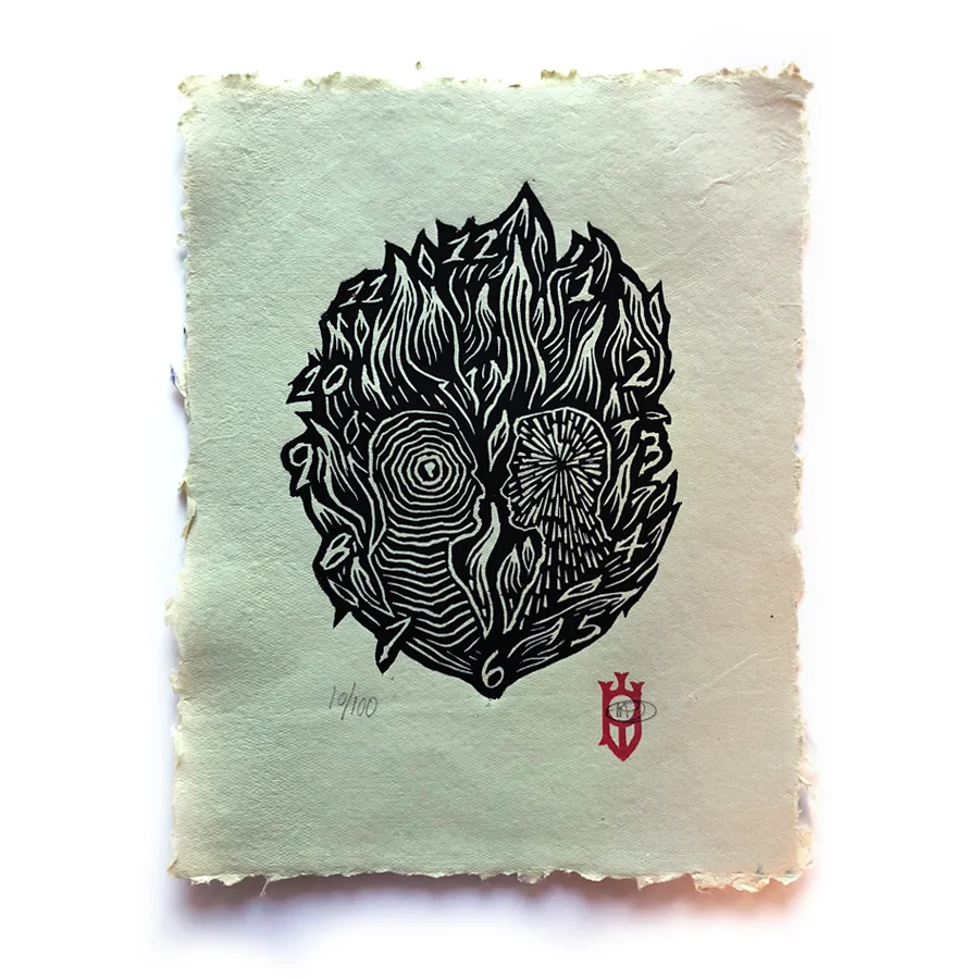 "The Memory Of Old Jack" relief print on colored-handmade paper, 8.5x11" edition of 100