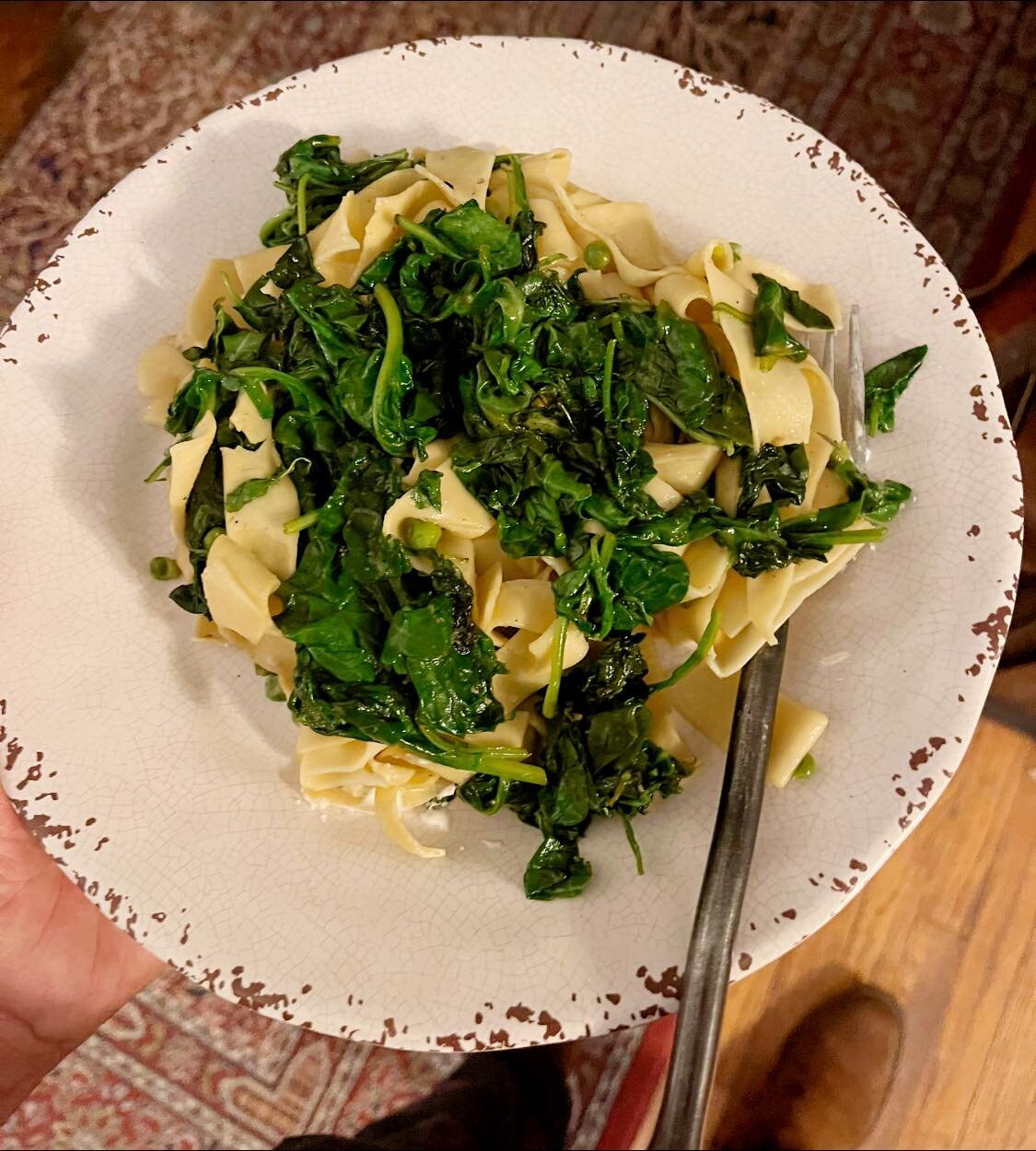 Sometimes I need a plate of egg pasta cooked Al dente topped with spinach, arugula and peas saut&eacute;ed with lots of olive oil, garlic, black pepper and nutmeg, then tossed with ch&egrave;vre and and lots of fresh grated Parmigiano.