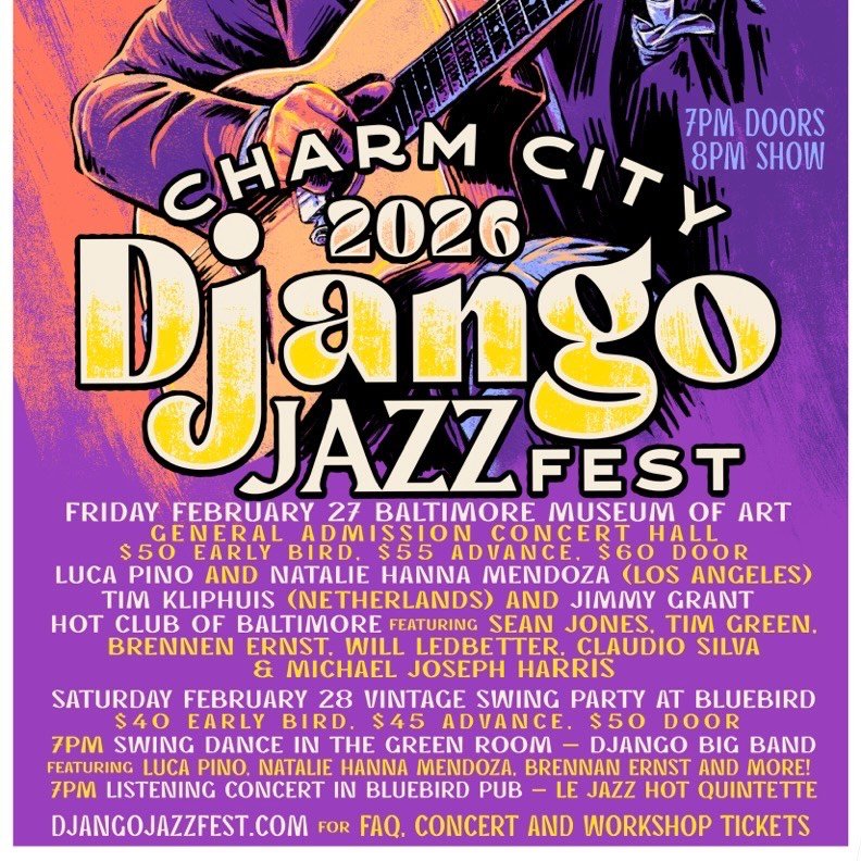 Django Jazz Fest is this weekend! 
Friday at Baltimore Museum of Art (LINK IN BIO)
Saturday at Bluebird (SOLD OUT)
Tickets including workshops Saturday afternoon DjangoJazzFest.com
FAQ  gypsyjazzfest.com/#faq
(Tickets for Friday at BMA go up to $60 e