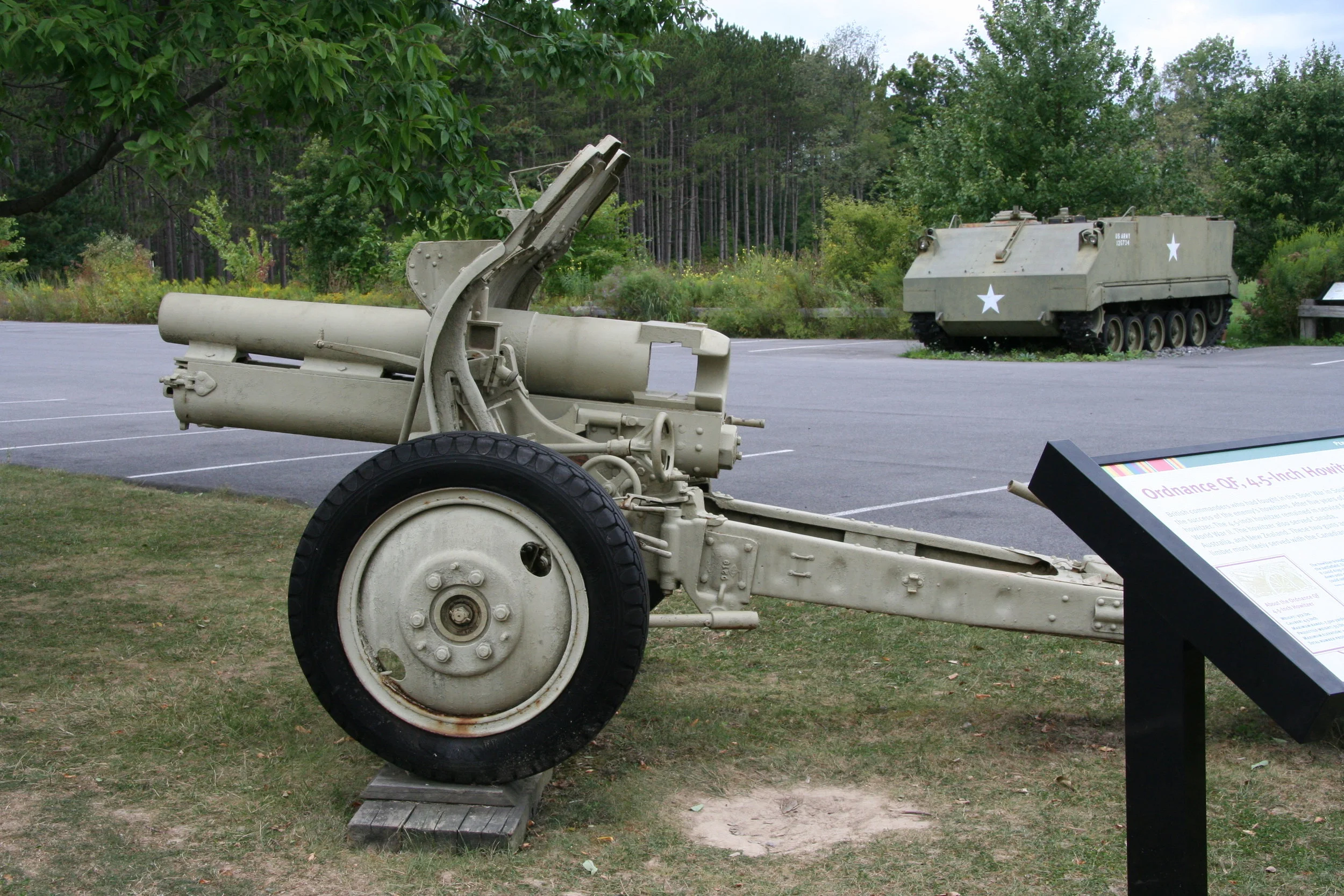 4.5" Howitzer : British commanders who had fought in the Boer War in South Africa, 1899 to 1903, were impressed with the success of the enemy's howitzers. After five years of testing, the British army approved its own new howitzer. The 4.5" howitzer remained in service for 35 years and saw action in both World War I and World War II. The howitzer also served Canada, Australia, and New Zealand. This howitzer most likely served with the Canadian Army. Horses pulled the first Mark I howitzers into battle. In 1938, the British Army adapted the howitzer for mechanized towing. The York, Pennsylvania firm of Martin-Parry produced the conversion kits for all British field guns mechanized in 1938.