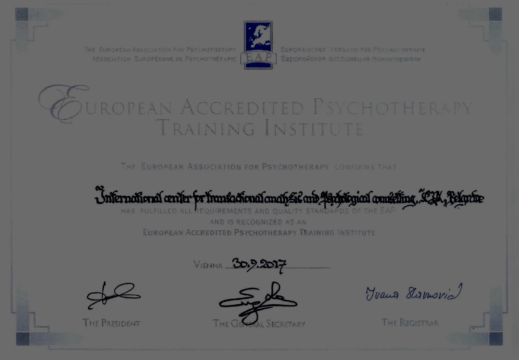 ICTA je zvanicno akreditovan evropski Institut za trening iz oblasti psihoterapije /Transakciona analiza/ 