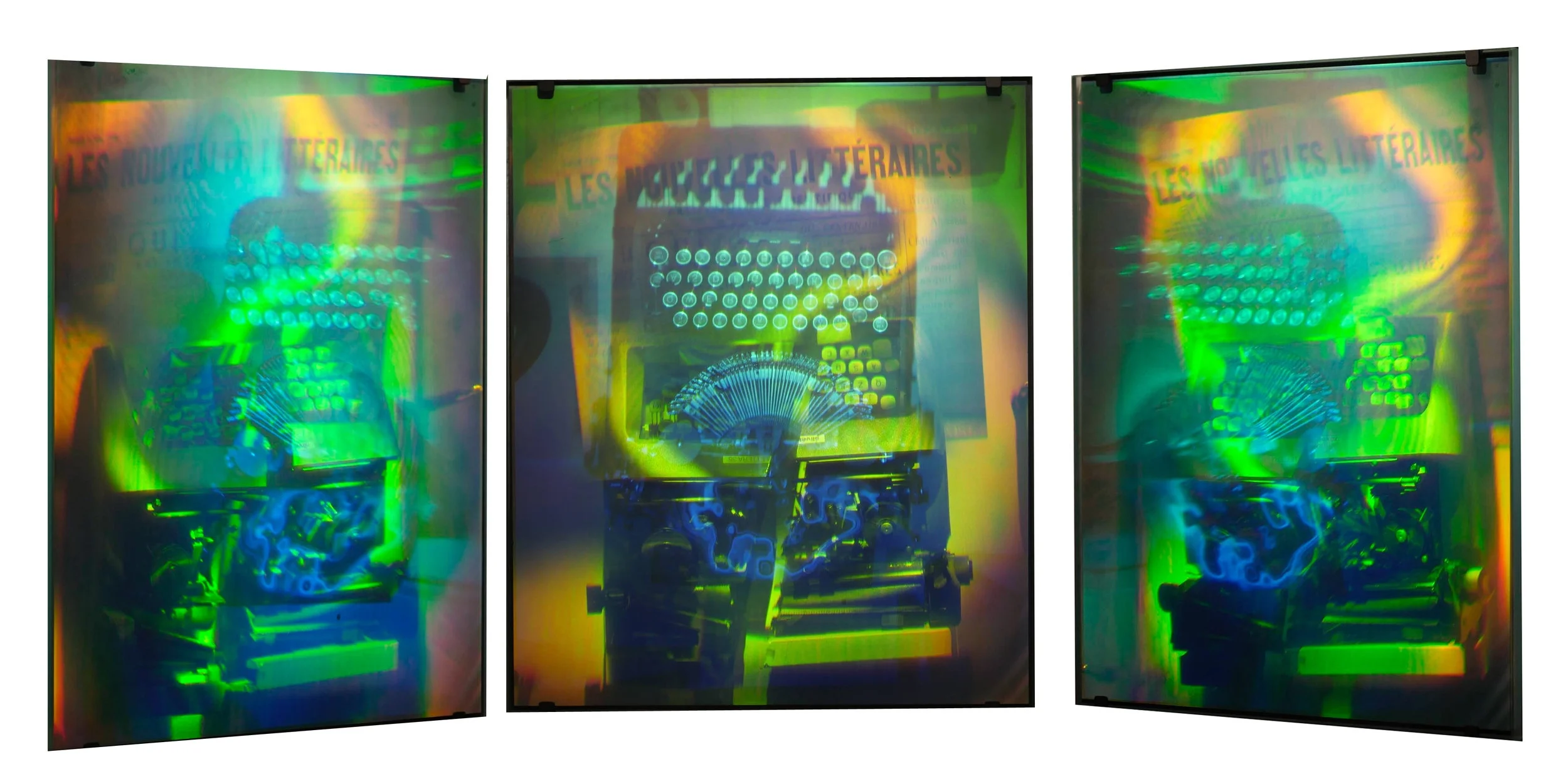  Images pass over each other, as they are made of light,&nbsp;one receding and the other projecting out the glass plate. 