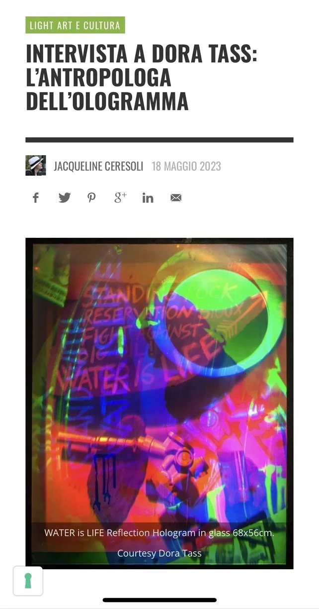  Interview on  Luceweb.eu    Dora Tass the Anthropologist of the Hologram    https://www.luceweb.eu/2023/05/18/semiotica-ambivalente-e-perturbante-delloggetto-analogico-in-dissolvenza-di-dora-tass/  