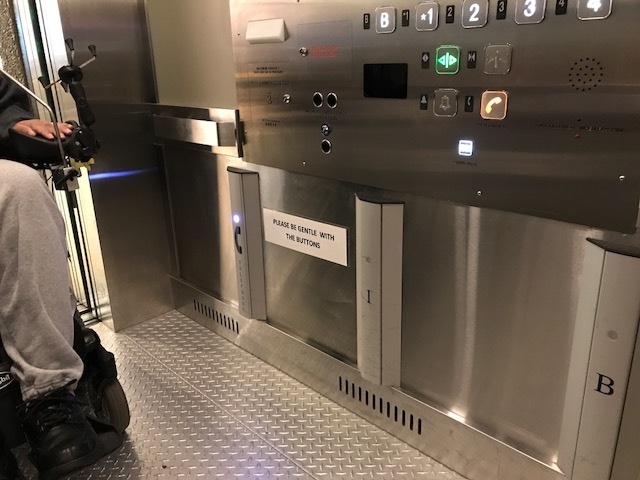 Inside the elevator at GF Strong