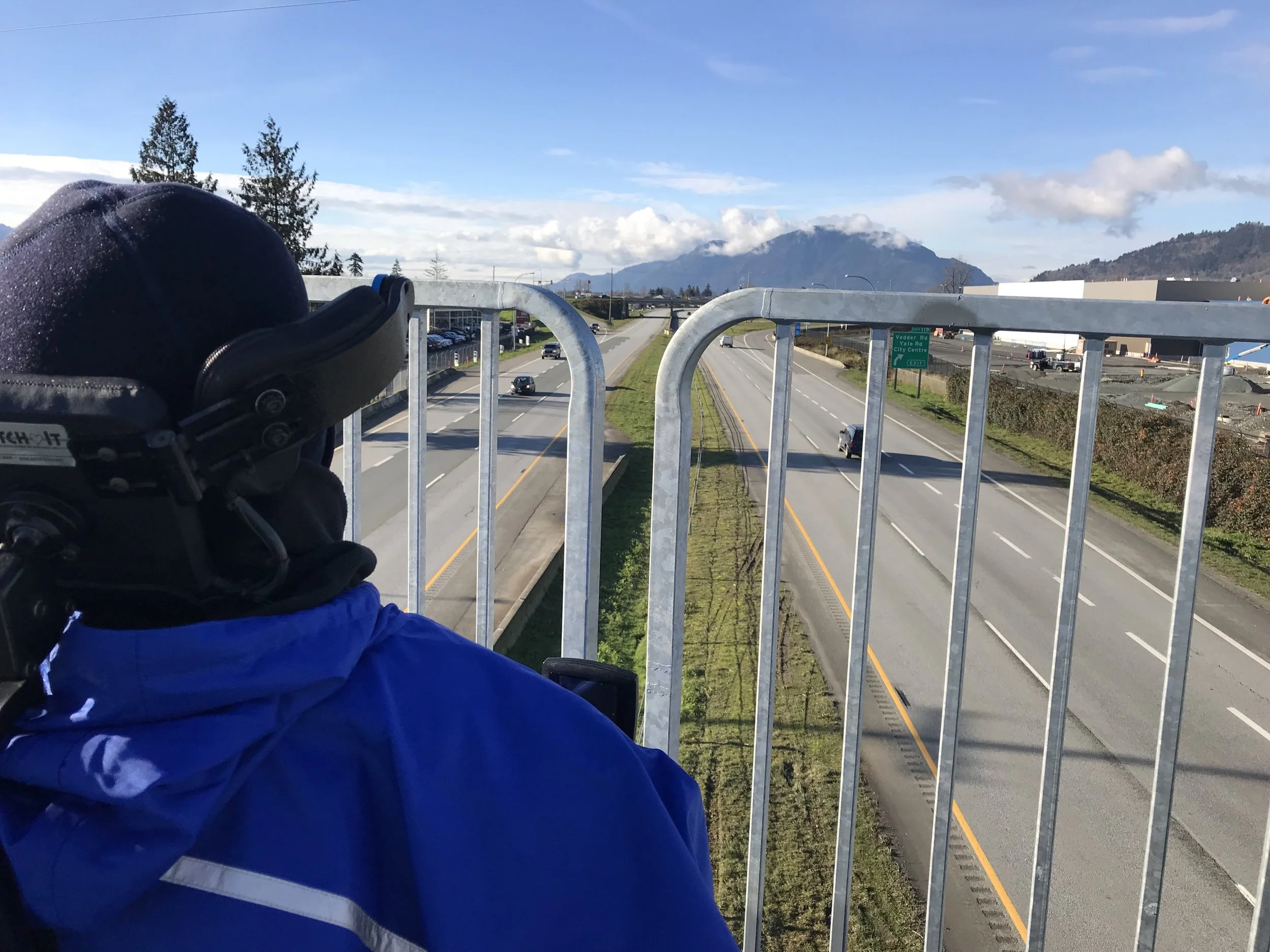 Jim overlooking the Trans Canada Highway on the newly installed pedestrian bridge