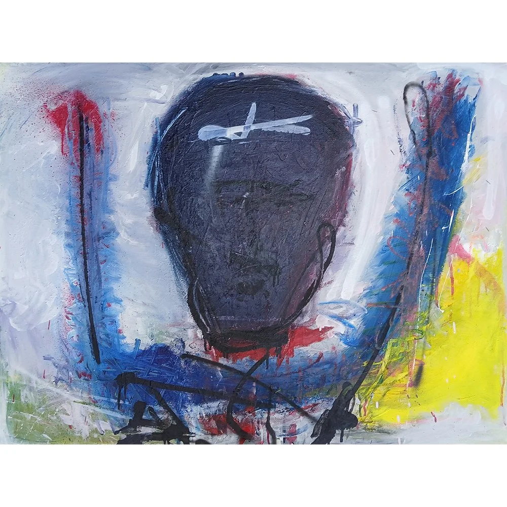 Hidden Words. by Irish artist Pigsy with a light coloured backgrounfd on canvas with an outline of a face in a dark colour with arms raised to the side