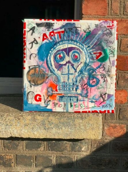 Art in action - the completed skull image on canvas in my Ranelagh house garden on Leeson Park Avenue