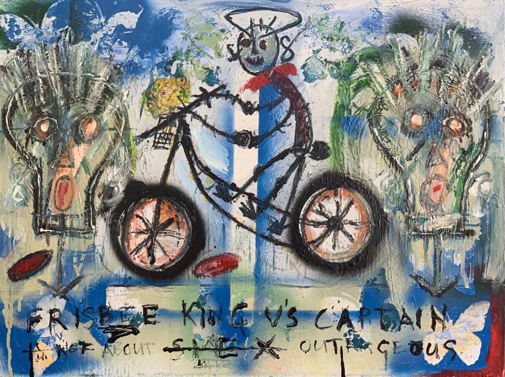 "Frisbee King vs. Captain Outrageous" a painting inspired by Key West and cycling down Duval Street without a care in the world  (Copy) (Copy) (Copy)