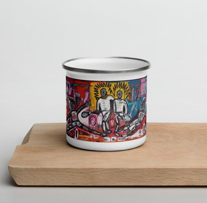 Enamel outdoor drinking receptacle with a squash player print
