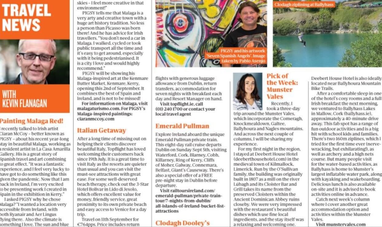 Artist PIGSY interviewed by Kevin Flanagan for travel column in Sunday Independent all about Malaga and his new exhibition in Kenmare  