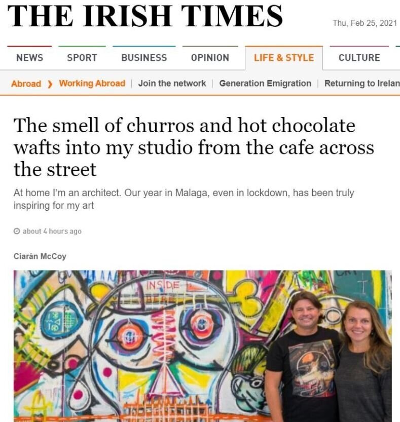 Contemporary Irish Artist PIGSY talks to the Irish Times about his artwork and life in Malaga along with photos of his paintings and his wife Enid