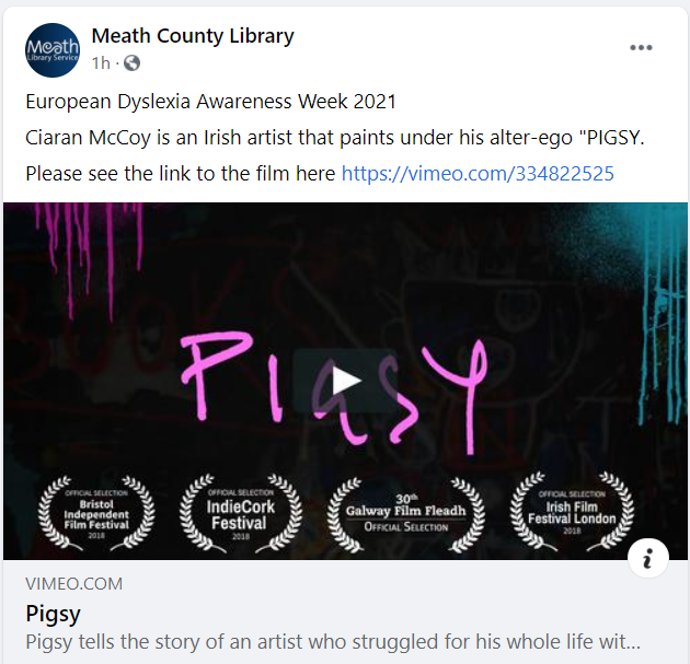 Meath County Library raises awareness of dyslexia by sharing "PIGSY" film to mark European Dyslexia week