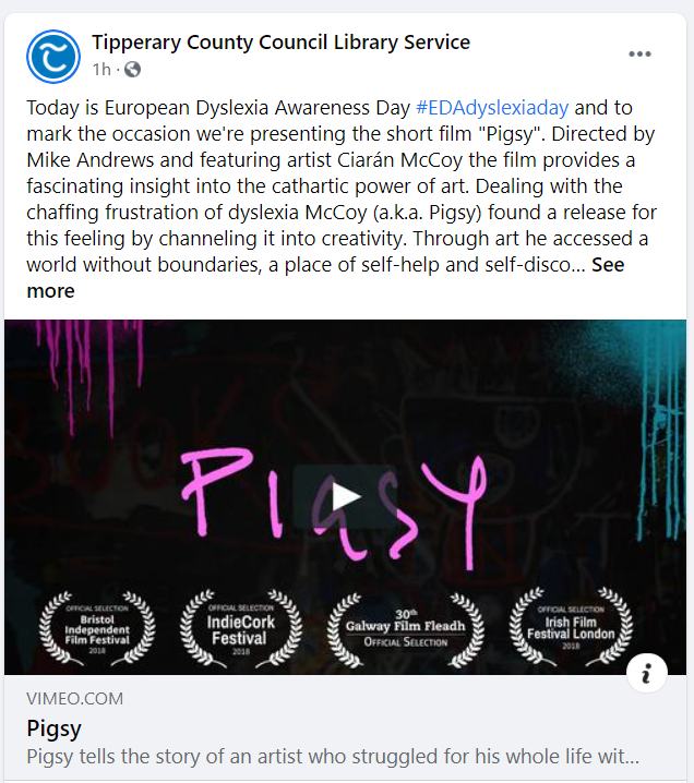 Tipperary Library marks European Dyslexia Day by screening the PIGSY short film on their Facebook page