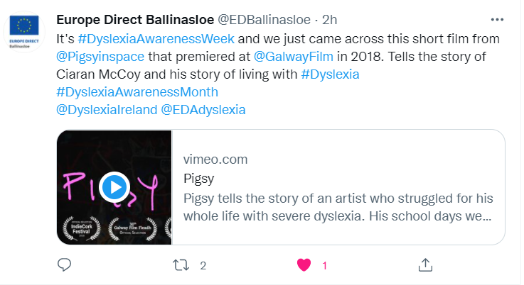 Europe Direct Centre Ballinasloe tweeted about the PIGSY film to raise awareness of European Dyslexia Week