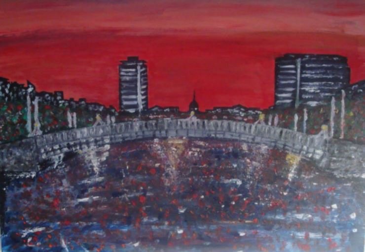 Hapenny Bridge over the liffey painted by PIGSY with Liberty Hall in the background (Copy) (Copy) (Copy)