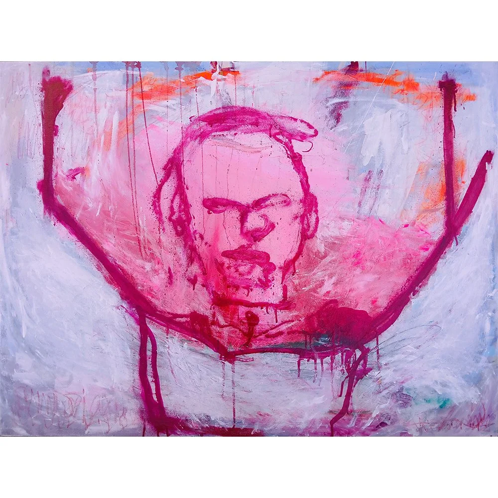 A Piece Has Been Removed is a painting by PIGSY with a light backgound colour on on the canvas with an image of a bright pinke figure that appears to be dading