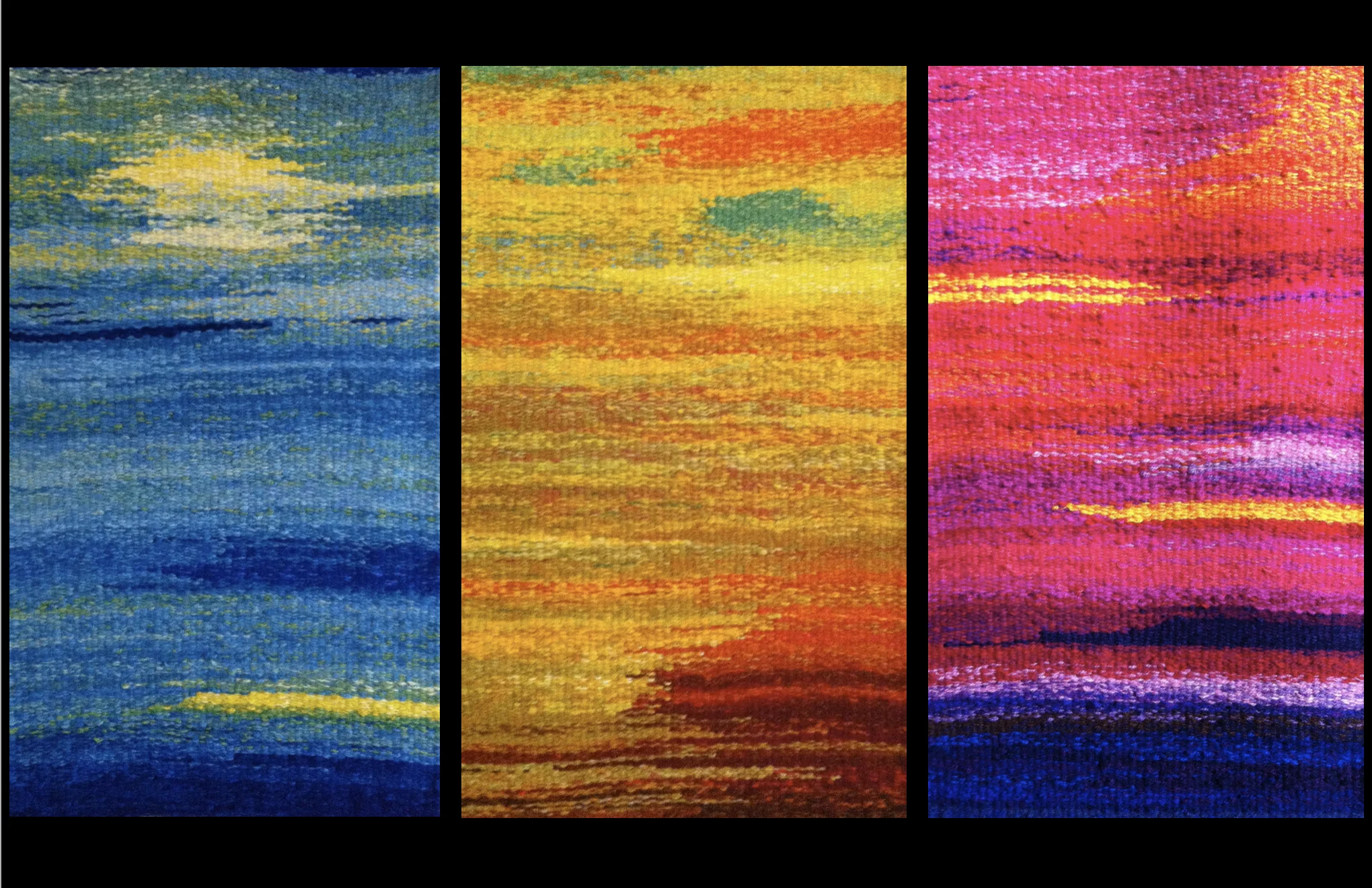 Reflections in Light Created as part of Coventry Cathedral’s Golden Jubilee Celebrations. Design inspired by John Piper’s Baptistry window, in particular the way the filtered colours are pooled as reflections on the cathedral floor. The tapestry is worked in three panels. Big Weave Artists Caroline Marriott / Diane Wood Design Artist Elaine Callen Volunteers The Weavers’ Workshop, Spon End, Coventry When Autumn 2012 Where Coventry Cathedral Who The Cathedral community / teachers / school children / cathedral visitors County West Midlands