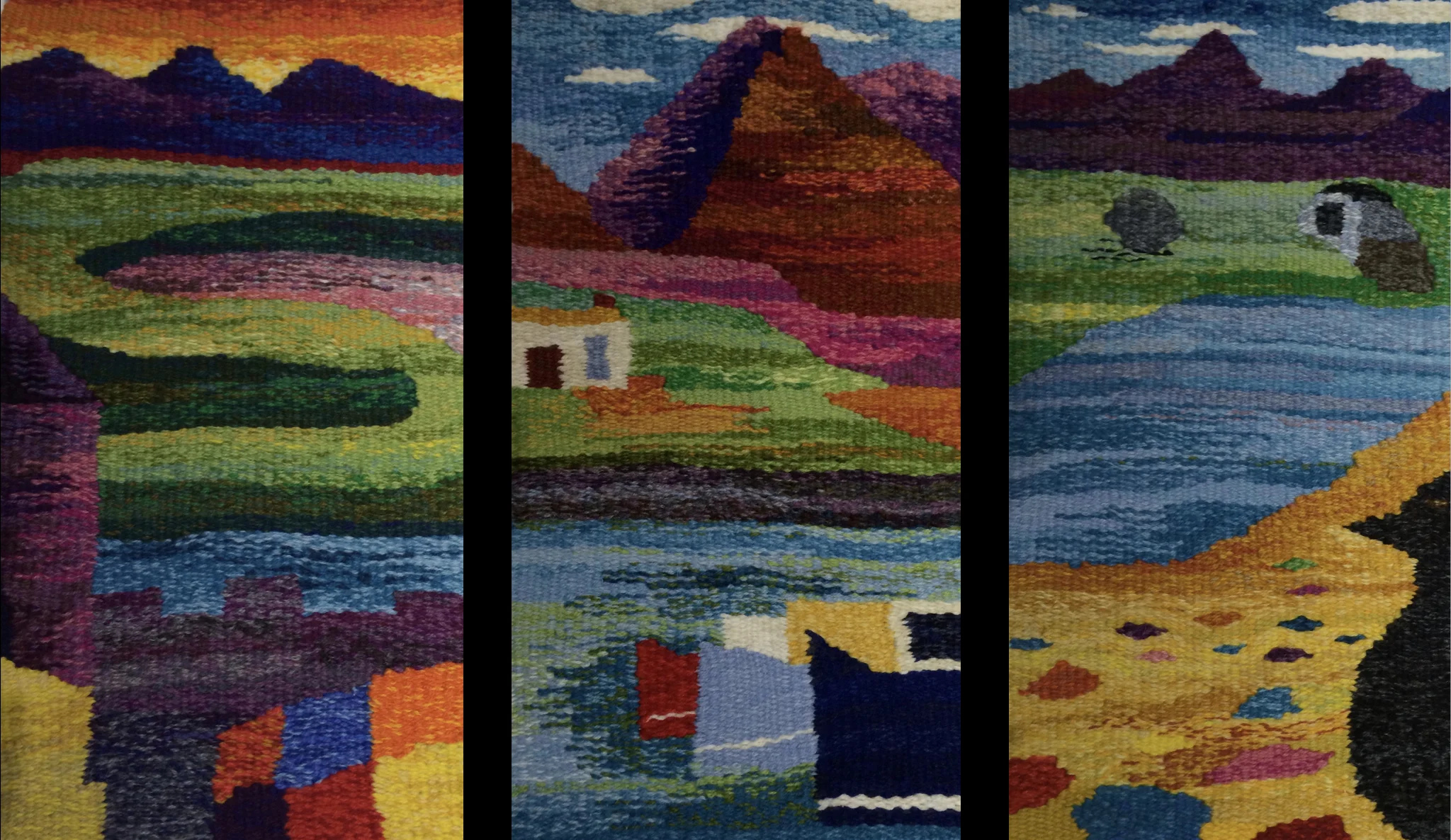 The Mourne Tapestry panels Commissioned by The Mourne Mountains Landscape Partnership. The designs were worked from artwork by local secondary school students. The panels represent three localities in The Mournes - Castlewellan / Kilkeel / Newcastle. Big Weave Artists Diane Wood / Elaine Callen / Caroline Marriott / Davina Callen / Sheila Mussen Design Artist Elaine Callen / Martin McParland / local students Volunteers Local Mourne residents When Summer 2014 Where The Mourne Mountains Who Students, teachers and members of the public County Down