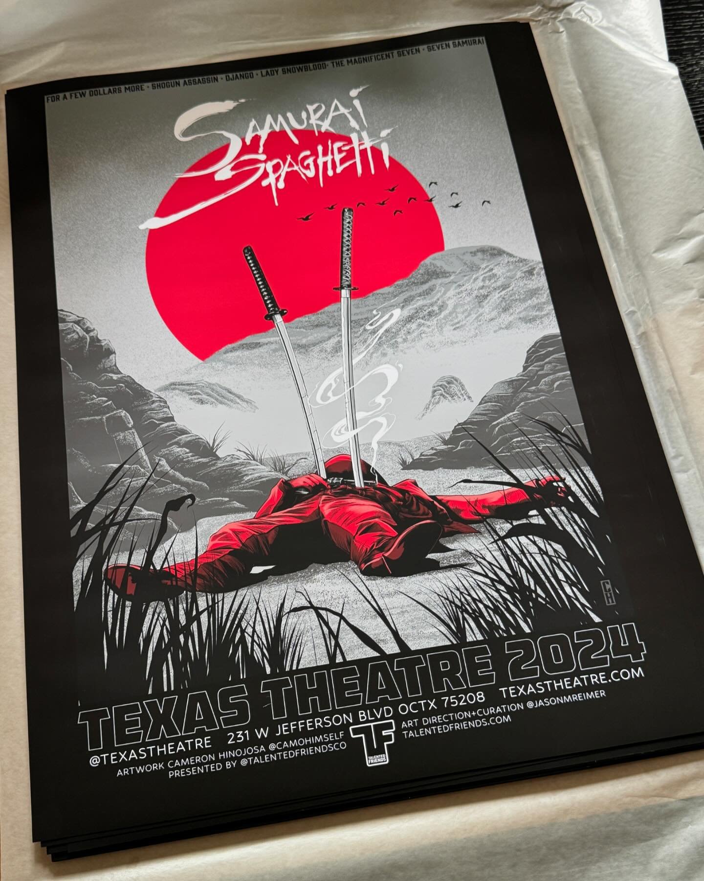 (Link in bio) Just picked up 2024 Samurai Spaghetti posters! Things kick into high gear this weekend with SHOGUN ASSASSIN on 35MM! Posters available for pre-order / pickup @texastheatre in VERY limited quantities! Artwork from Cameron Hinojosa @camoh