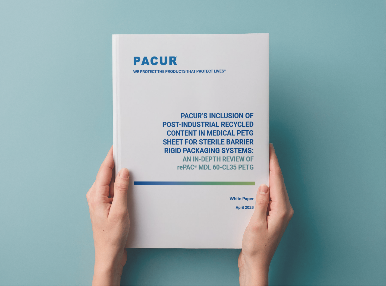 a mockup of someone holding Pacur's white paper with a blue-teal background