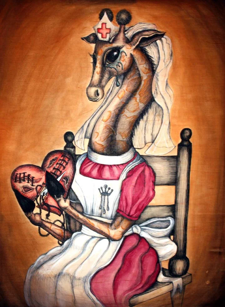 HE BINDS THE BROKEN HEART "He heals the brokenhearted and binds up their wounds." Psalm 147:3 This original anthropomorphic giraffe ink and watercolor illustration / painting is painted on a wood panel that is 18"x24". The nurse is wearing a "Madame Pomfrey" style nurse outfit and she is waiting to nurse you back to health.It's so easy to have a broken heart. Such hard work to sew it back together. Everyone knows that the gentle nurturing giraffe makes the best nurse for such skilled work - the binding back together of a heart torn asunder. Thank you to David Bean for the amazing pictures. 