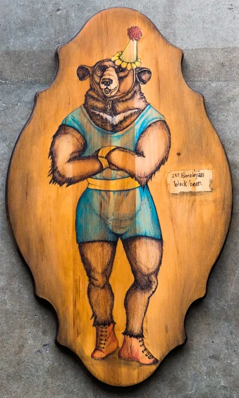 STRONG BEAR He has caught the eye of many a suitor but this Himalayan Black Bear hasn't found his true love yet. He likes to play the field and travel, which is why he joined the circus. That and to stay in shape. This beautiful bear on a is painted on a solid pine wood panel with watercolor paint and then inked to life. He is an original one of a kind piece of art (and character), not print or silkscreen. The panel is 18 inches tall and 8 inches wide