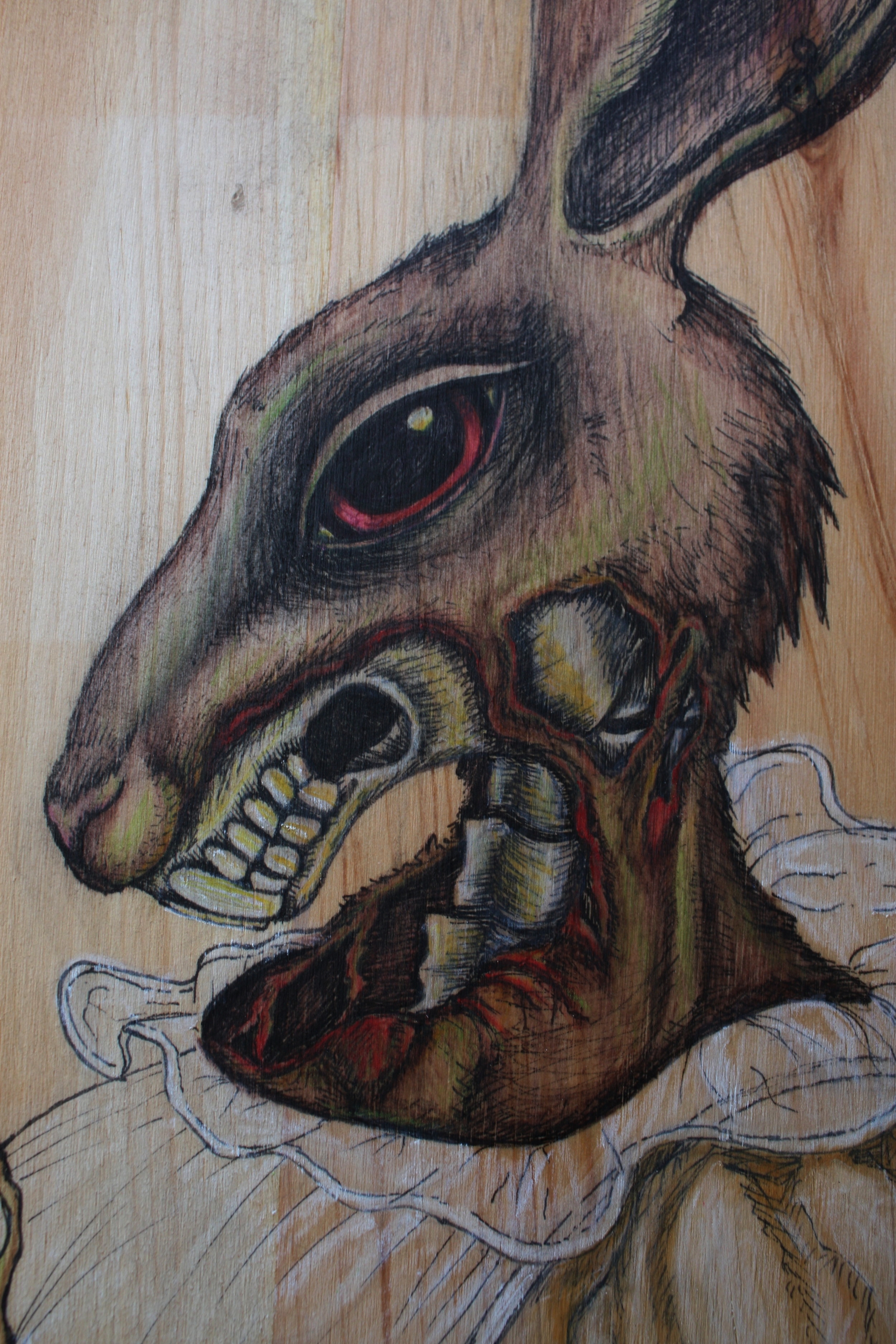 PRIDE, PREJUDICE AND RABBIT ZOMBIES This peice was created for a zombie themed art show at the Green Room in Ft. Lauderdale, FL. Watercorlor on pine wood plaque.