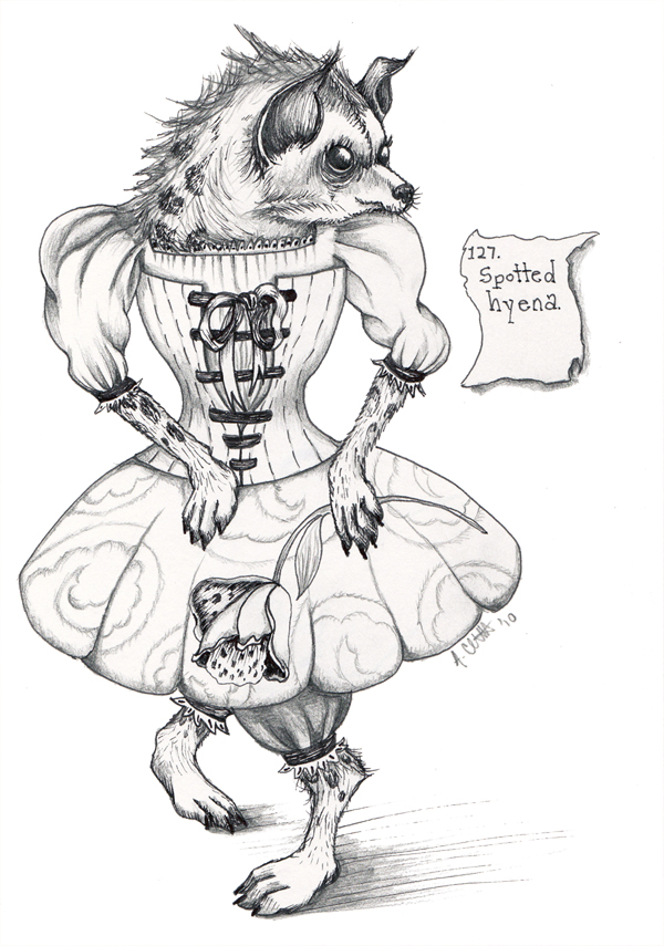 MISUNDERSTOOD The Hyena is a misunderstood animal. They are not the evil carrion creatures of myth. The females are known to fight to the death for their cubs and litter mates. They often mourn after the death of a cub, sometimes dying of a broken heart. This illustration was originally done in ink and pencil. Prints available in my shop.