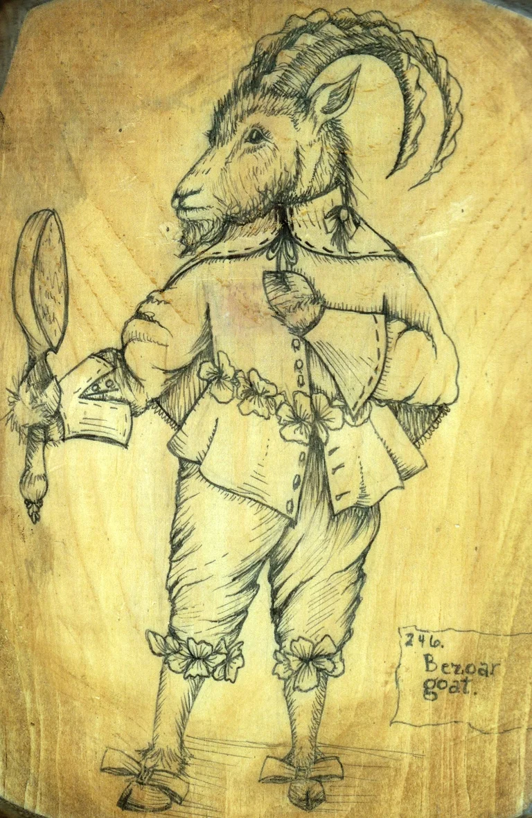 VAIN GOAT Pen and ink on stained wood.