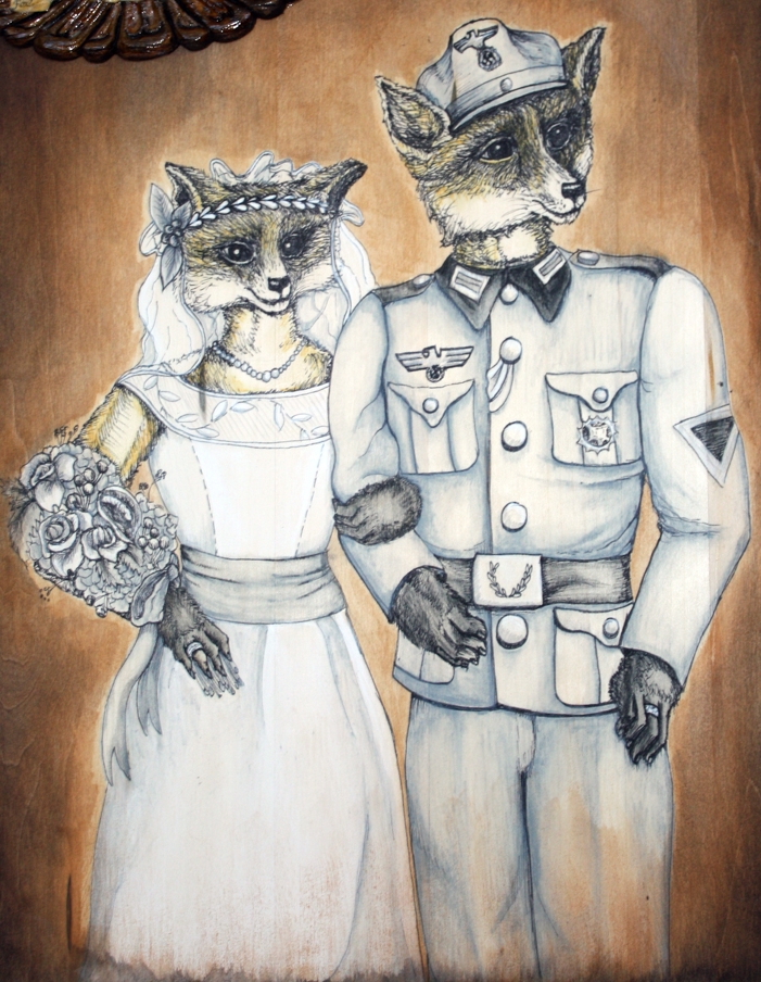 THE WEDDING OF FRAU FOX I did this piece for a group show with a Grimm Brothers Fairy tale theme. In preparing for the show, I stumbled on a fairy tale I had never read before, "Frau Fox." Basically, a widowed Fox will not marry until she finds another fox to mate with. I found it a fascinating look into the xenophobia and racism built into European culture. So, here is the the wedding portrait I envisioned. This illustration is colored pen and ink on a stained wood panel. 