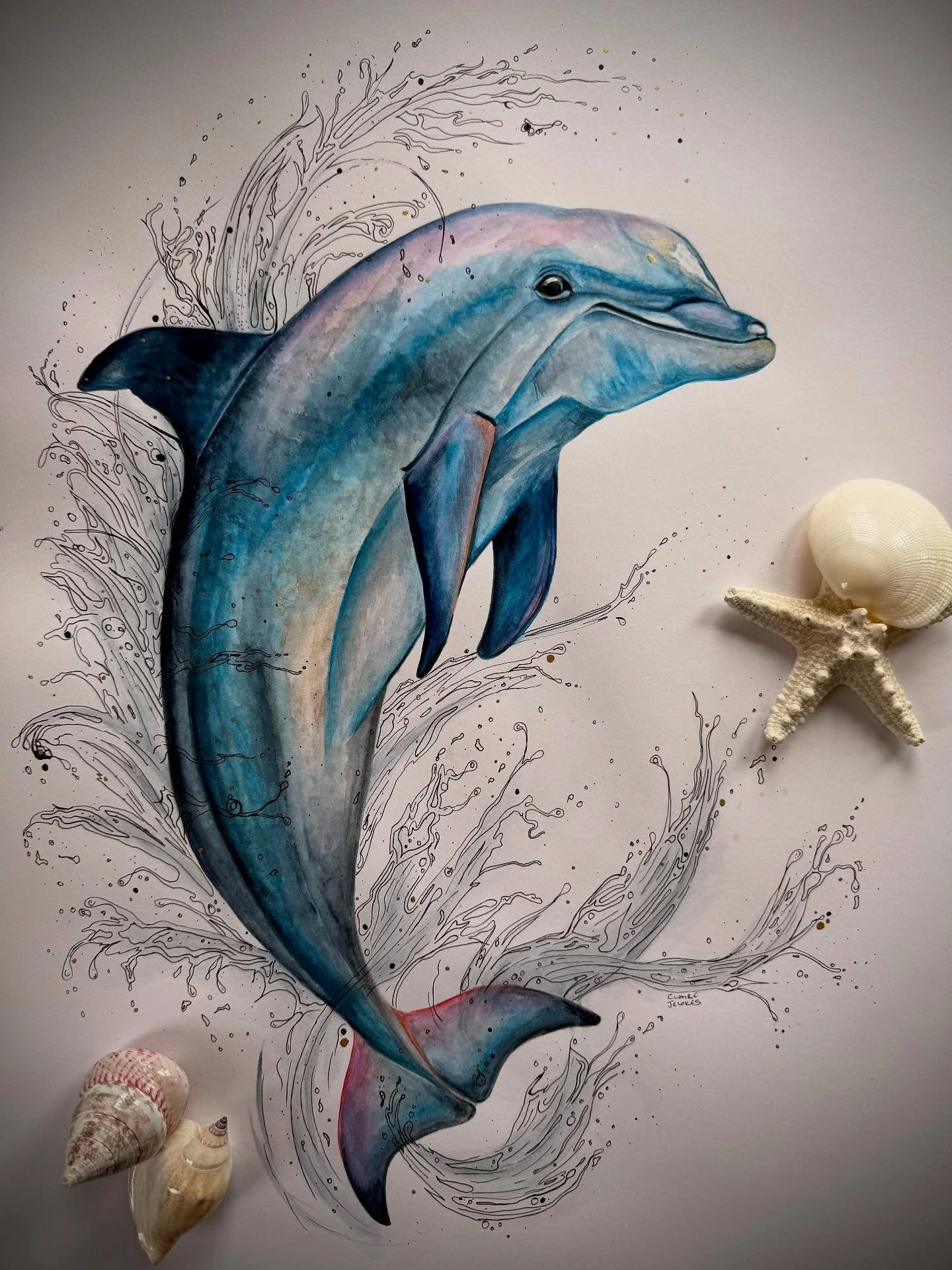 Not all spirits walk the earth. Some glide beneath it, where water dreams and silver threads through the dark. This one carries the voice of the tide, a guardian of calm seas and secret depths. The Keeper of Currents. 🌊🪶

A2 watercolour with ink wa