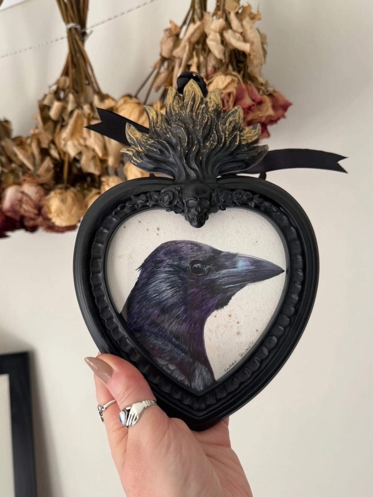 Crow bust portrait art, original watercolour framed wall hangings are available for &pound;75 each on my website clairejewkesart.com 

🖤 Size 9&rdquo; x 6.5&rdquo;

The 9th of March annually the crows gather in the trees near my house, the two that 