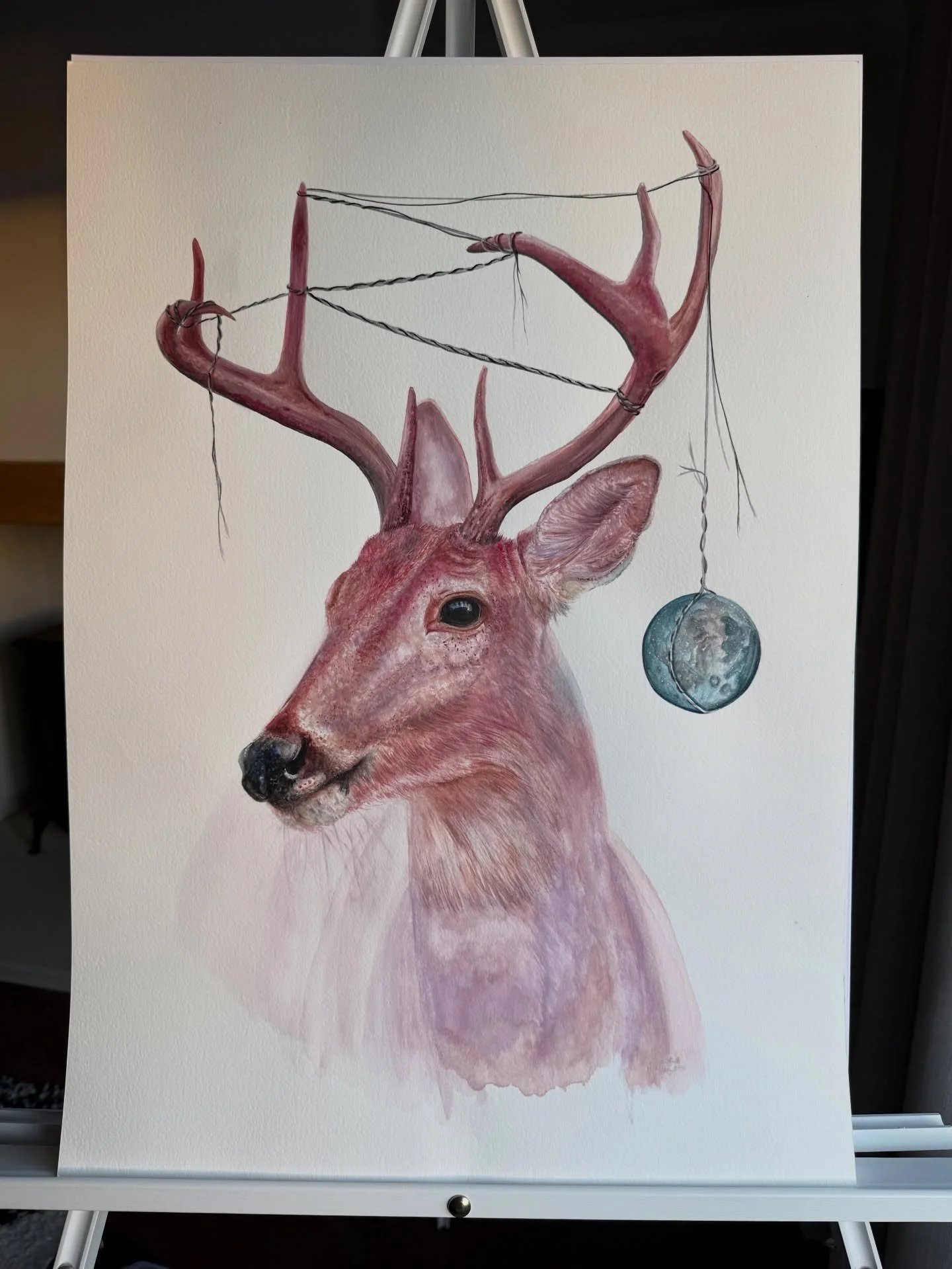 &lsquo;Deer Moon&rsquo; 

Watercolour painting.

16&rdquo; x 23&rdquo;

Third edition Deer watercolour painting, I am still having my love affair with the Moon. 

Did you see, The Fox?  The Magpie?  The Bear? 

The Whimsical Deer entraps the Moon, un