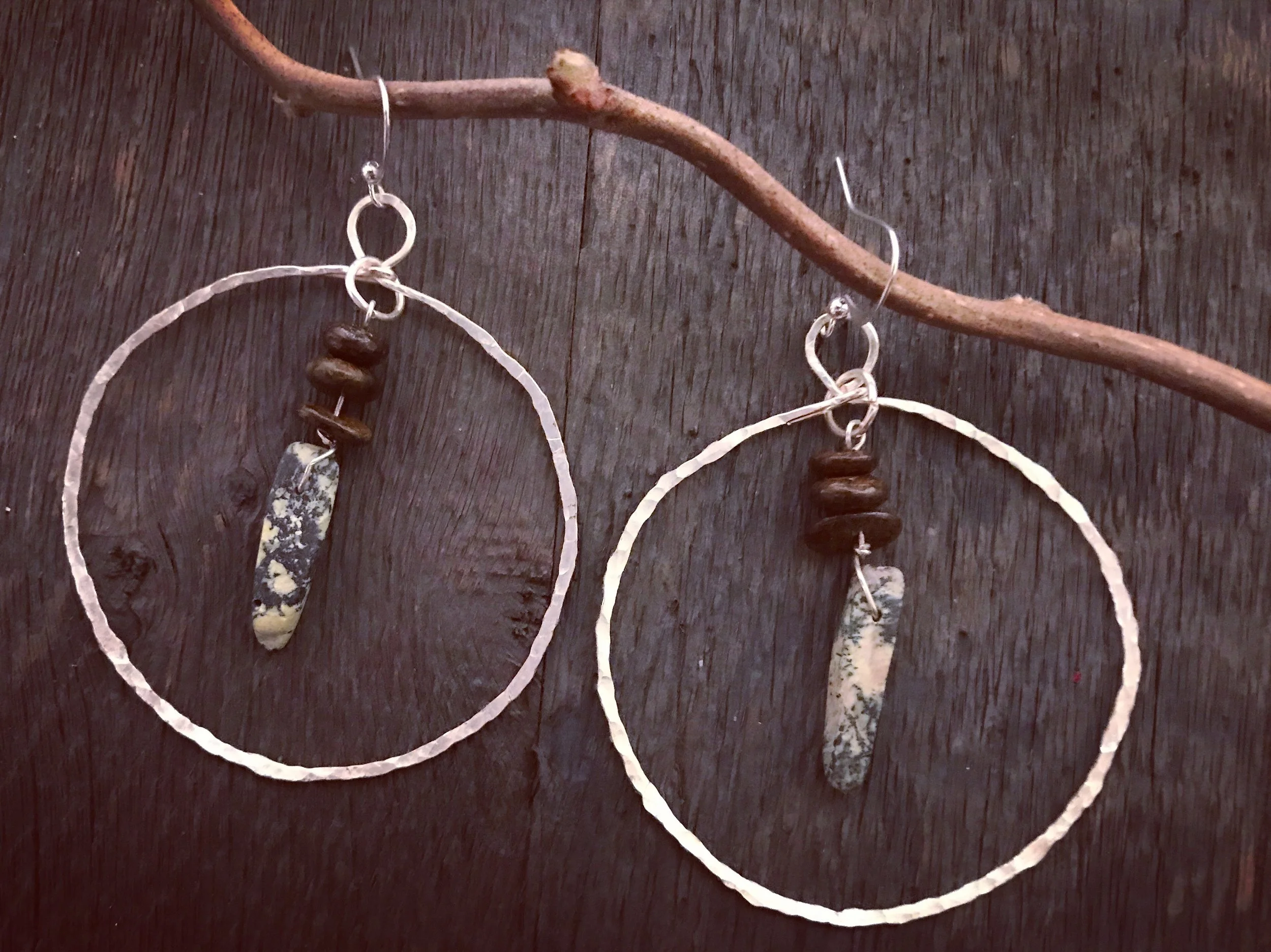 Hand Hammered Hoops with Stone Drops (L)