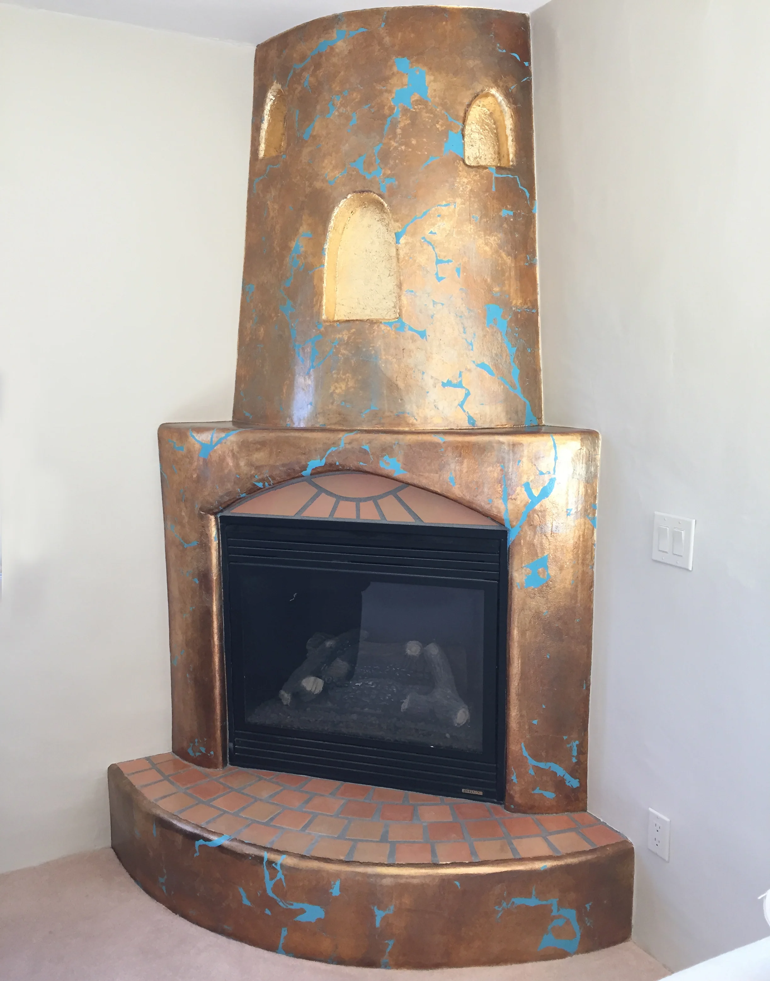 Oxidized Gold Leaf with Turquoise Paint Underlay.