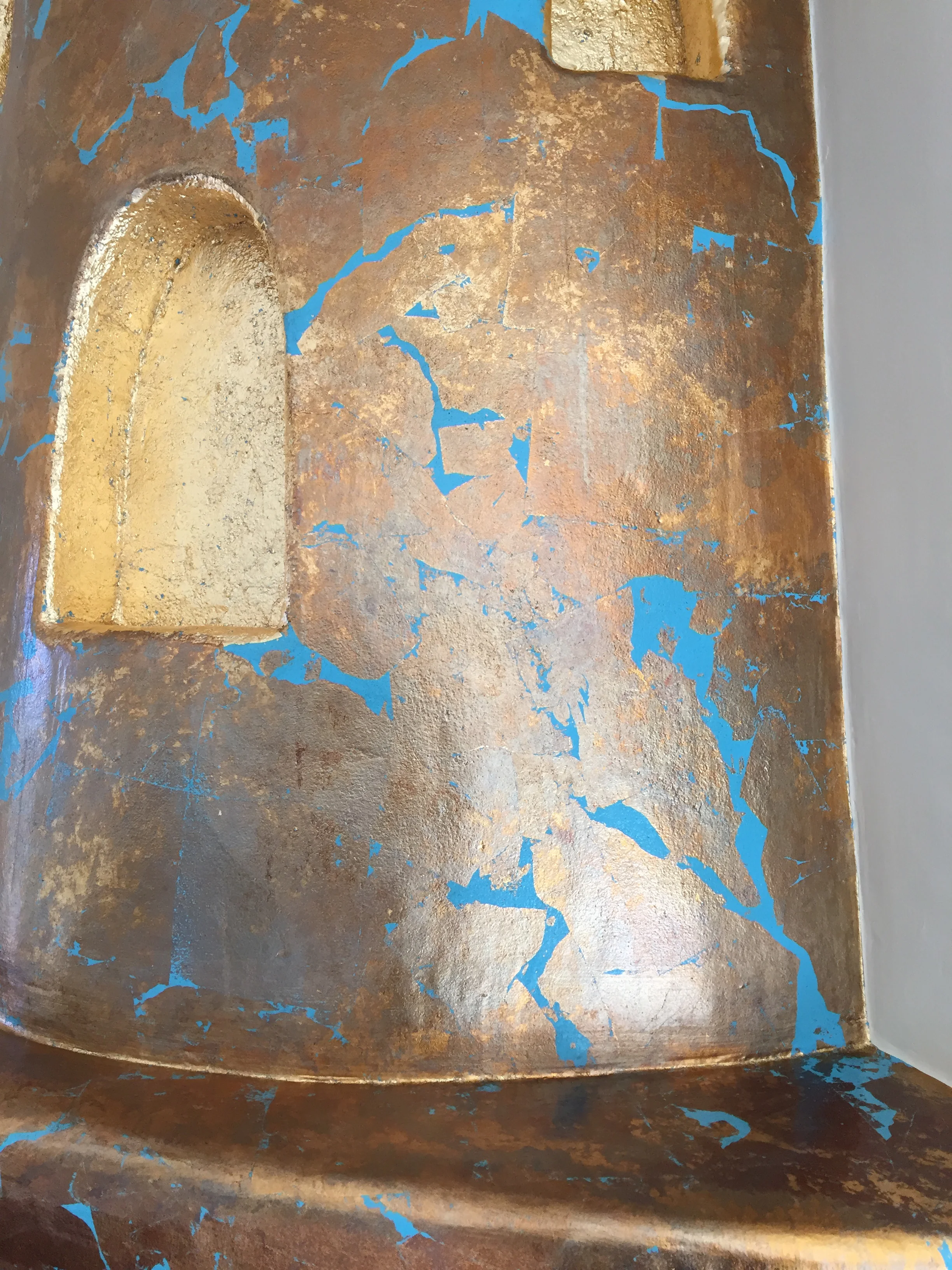 Oxidized Gold Leaf with Turquoise Paint Underlay, Detail.