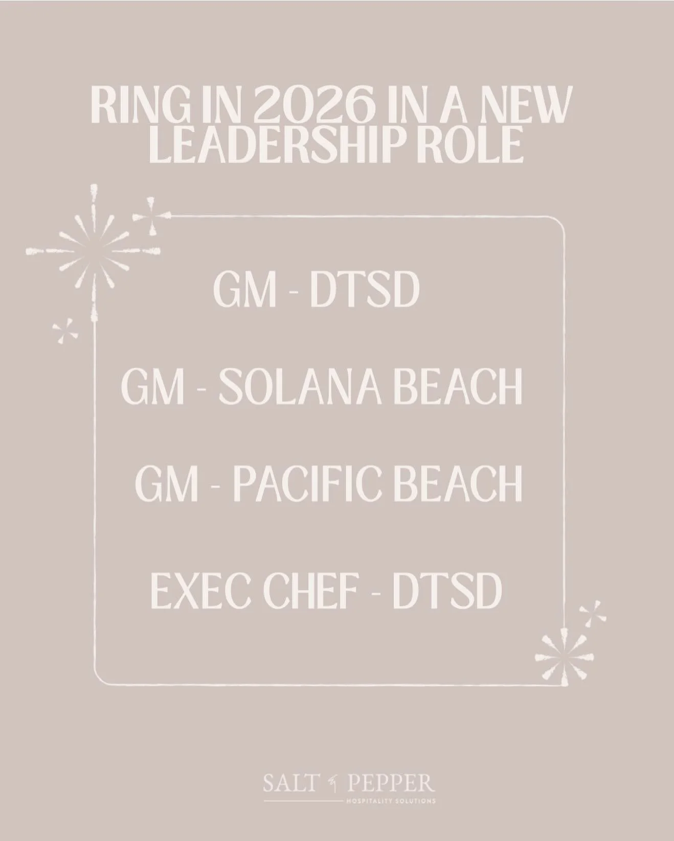 GM - DTSD 75-85k (morning shift)
GM - Solana Beach 75-90k (fine dining)
GM - Pacific Beach 85-92k (host the party!)
Exec Chef - DTSD 85-92k (dm for details)

Let's chat before the end of the year 🥳